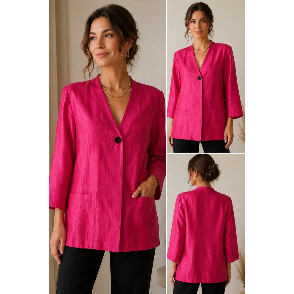 Vintage CHAR 100% Silk Shantung Jacket Hot Pink Fuchsia Hong Kong Size 10